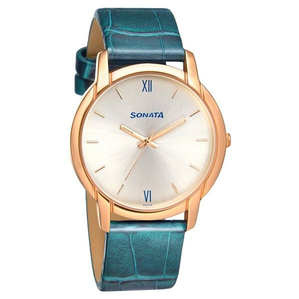Sonata Men's Watch Analog Silver Dial With Blue Leather Strap, 77031WL01
