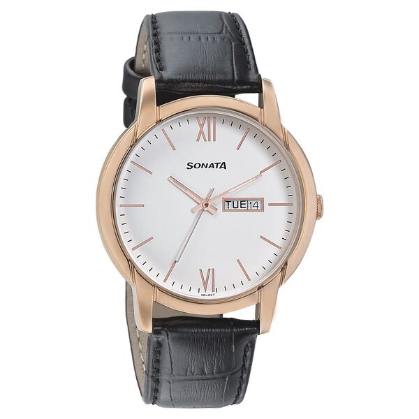 Sonata Men's Watch Analog White Dial With Black Leather Strap, 77031WL04