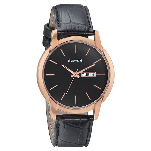 Sonata Men's Watch Analog Black Dial With Black Leather Strap, 77031WL04