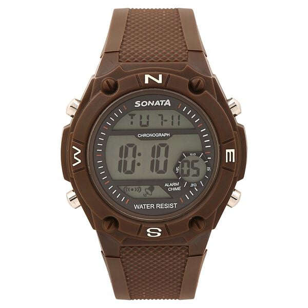 Sonata Men's Digital Watch With Brown Plastic Strap, 77033PP02