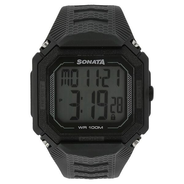 Sonata Men's Digital Watch With Black Plastic Strap, 77048PP03