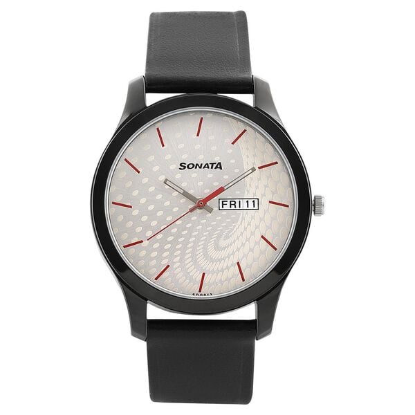 Sonata Men's Watch Analog Silver Dial With Black Leather Strap, 77063NL02