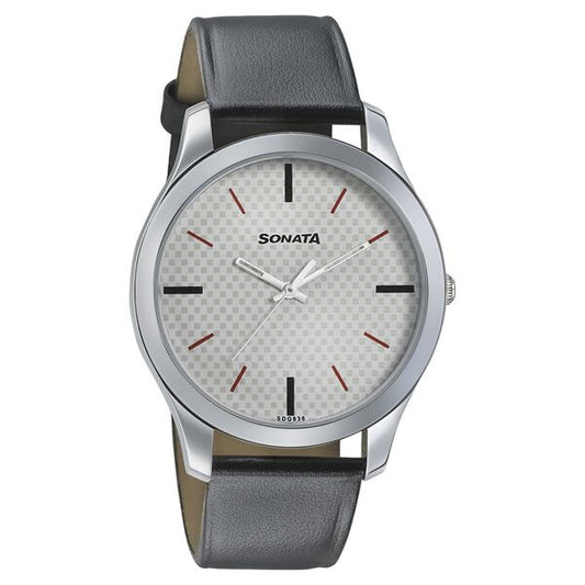 Sonata, Men, Analog, Watch, White Dial, Leather Strap, 77063SL04