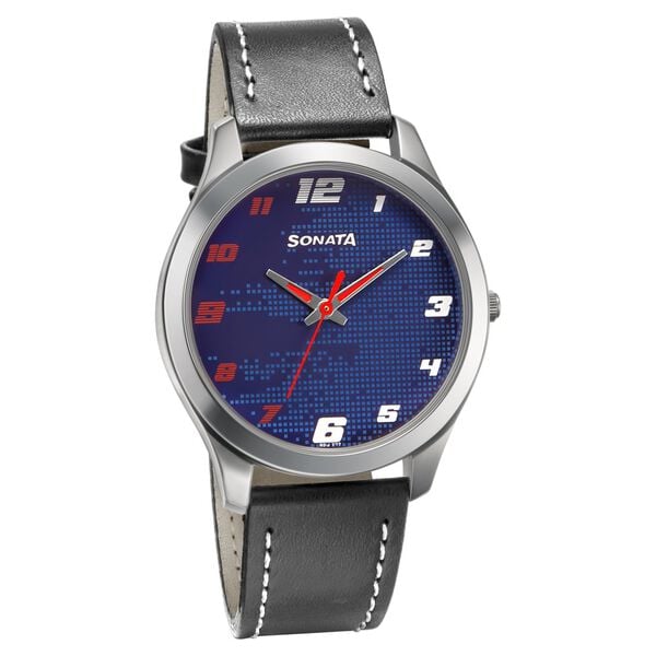 Sonata Men's Watch Analog Blue Dial With Black Leather Strap, 77063SL07