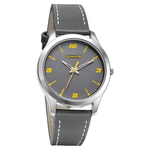 Sonata Men's Watch Analog Grey Dial With Grey Leather Strap, 77063SL08