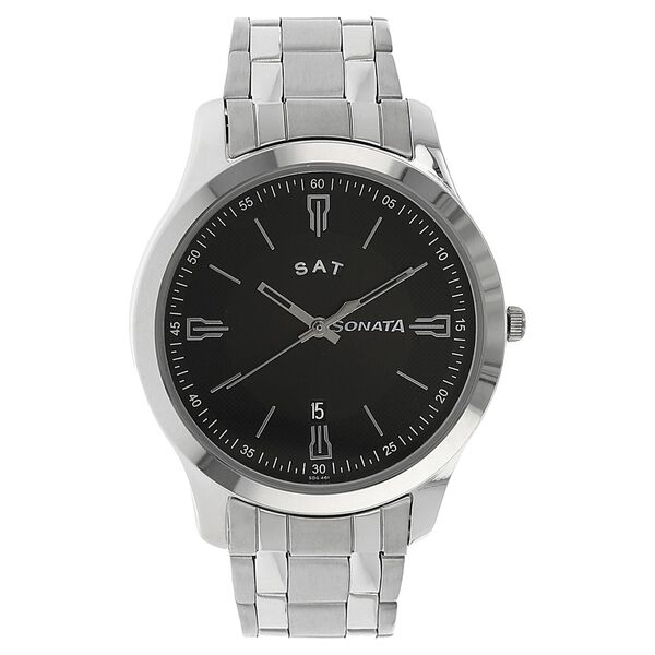 Sonata Men's Watch Analog Black Dial With Stainless Steel Band, 77063SM04