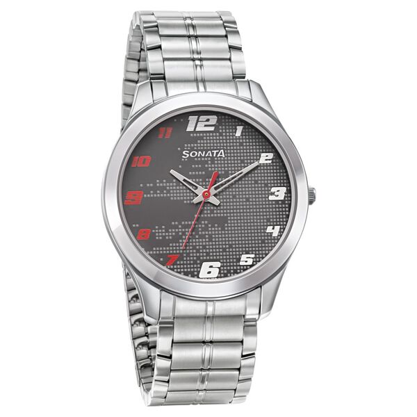 Sonata Men's Watch Analog Grey Dial With Stainless Steel Band, 77063SM07