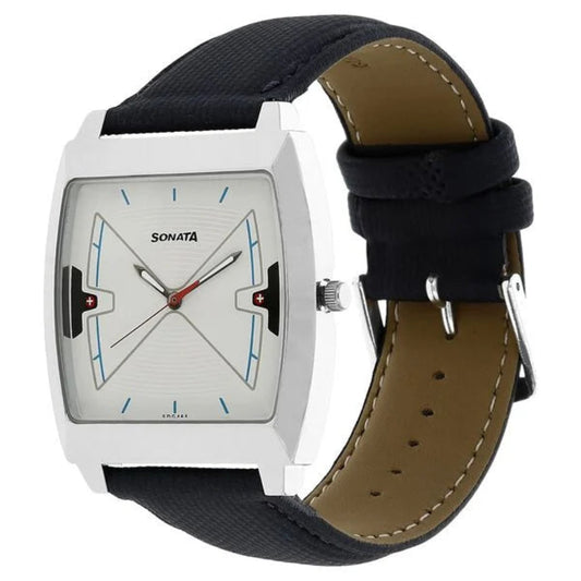 Sonata Men's Watch Analog Silver Dial With Black Leather Strap, 77064SL02