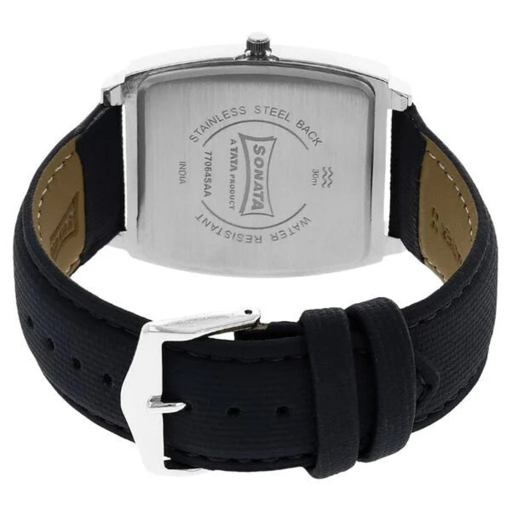 Sonata Men's Watch Analog Silver Dial With Black Leather Strap, 77064SL02