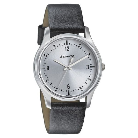 Sonata, Men, Analog, Watch, Silver Dial, Leather Strap, 77082SL01