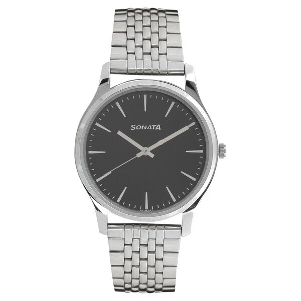 Sonata Men's Watch Analog Black Dial With Stainless Steel Band, 77082SM01