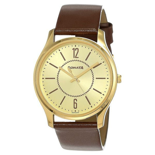 Sonata, Men, Analog, Watch, Champagne Dial, Leather Strap, 77082YL01