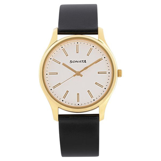 Sonata, Men, Analog, Watch, White Dial, Leather Strap, 77082YL02