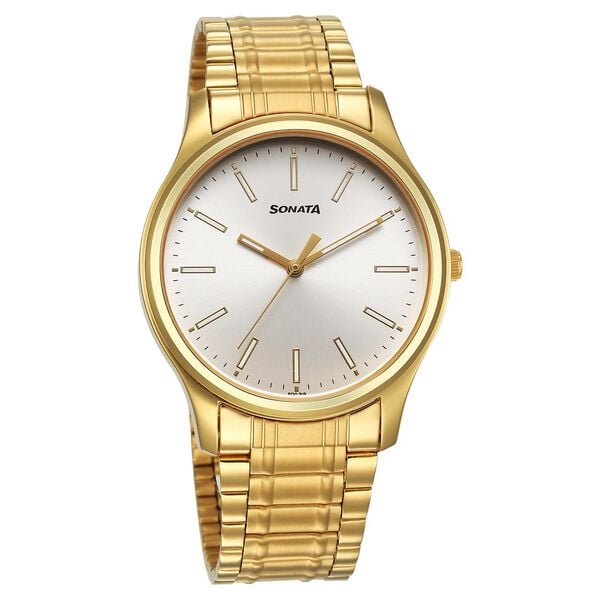 Sonata Men's Watch Analog Silver Dial With Golden Stainless Steel Band, 77082YM10