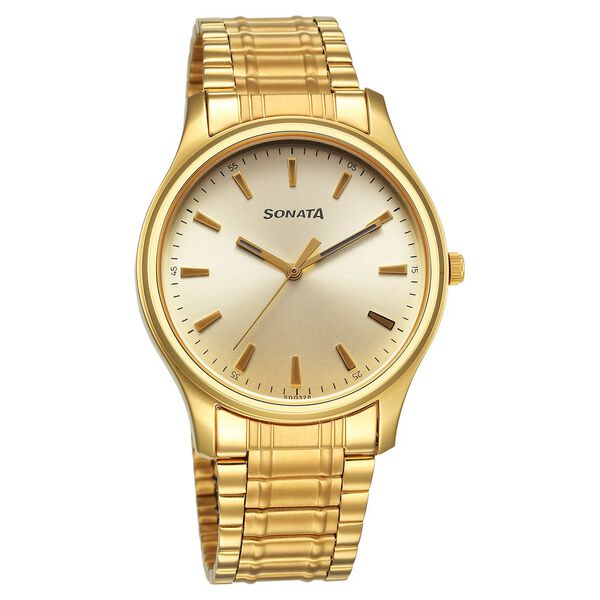 Sonata Men's Watch Analog Champagne Dial With Golden Stainless Steel Band, 77082YM11