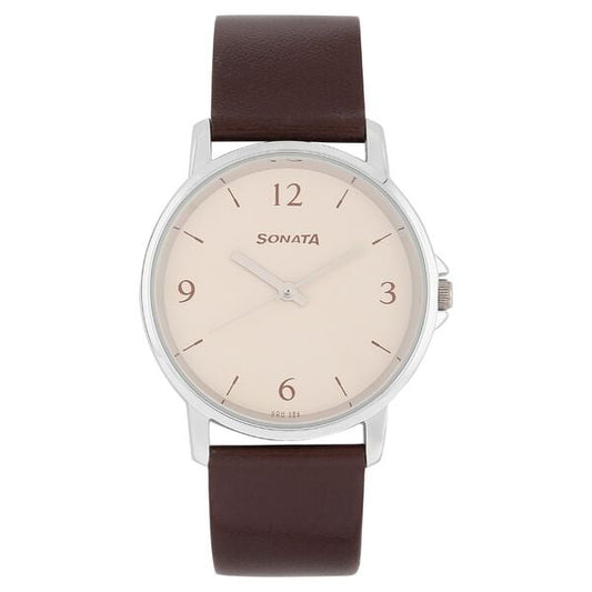 Sonata, Men, Analog, Watch, White Dial, Leather Strap, 77083SL04