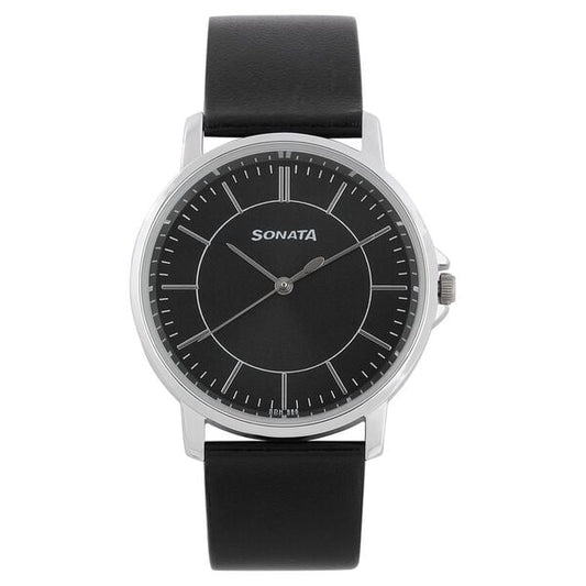 Sonata, Men, Analog, Watch, Black Dial, Leather Strap, 77083SL05