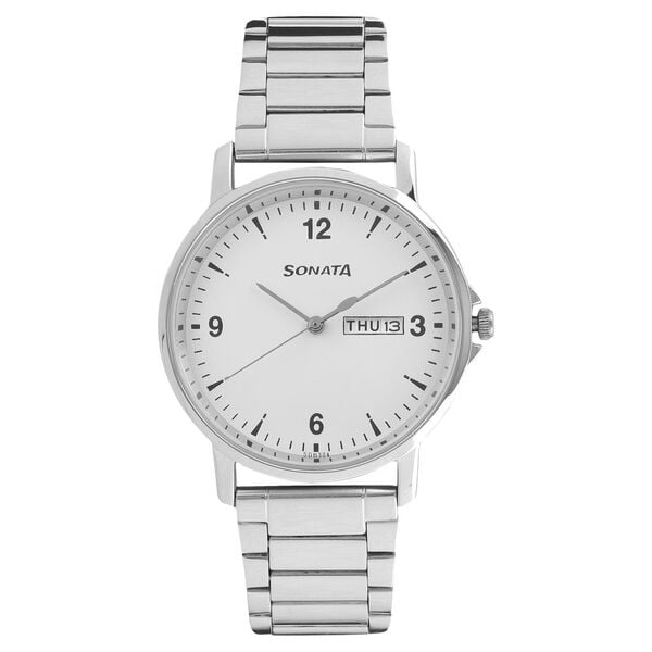 Sonata Men's Watch Analog White Dial With Stainless Steel Band, 77083SM01