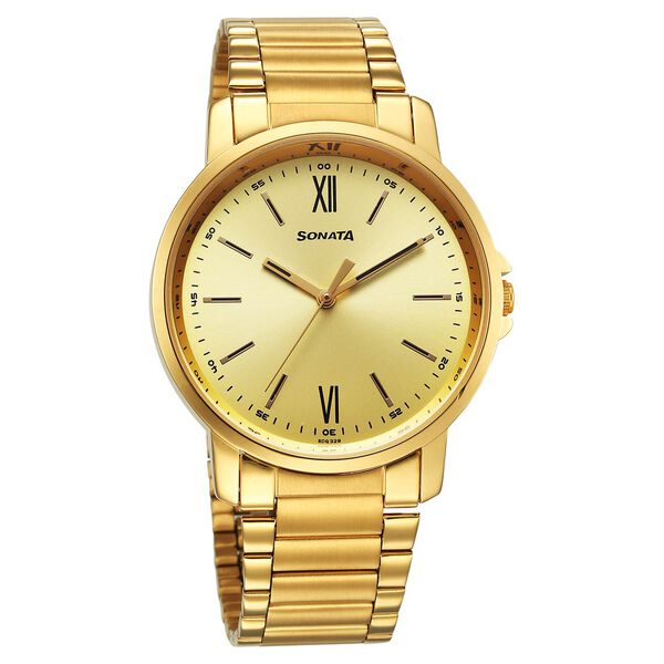 Sonata Men's Watch Analog Champagne Dial With Golden Stainless Steel Band, 77083YM05