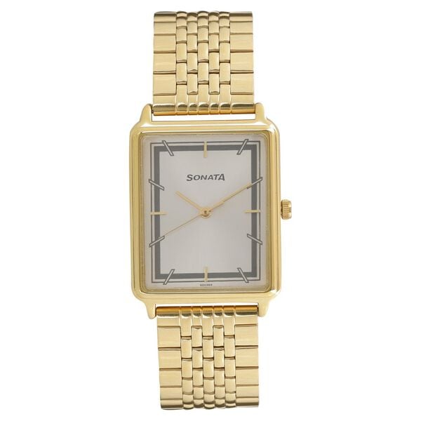 Sonata Men's Watch Analog Silver Dial With Gold Stainless Steel Band, 77084YM02