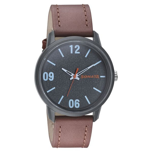 Sonata, Men, Analog, Watch, Grey Dial, Leather Strap, 77085PL01