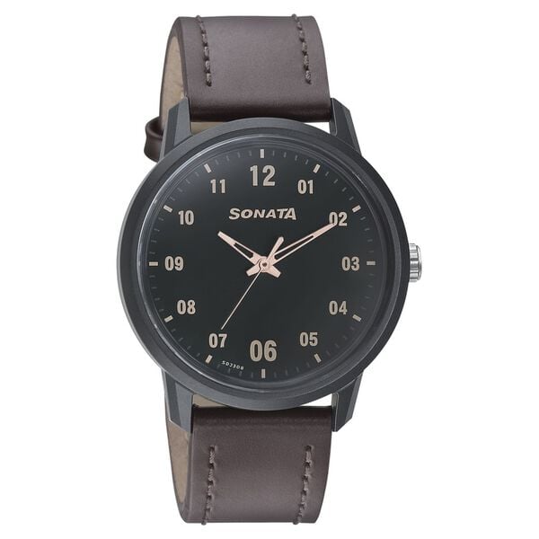 Sonata Men's Watch Analog Green Dial With Brown Leather Strap, 77085PL02