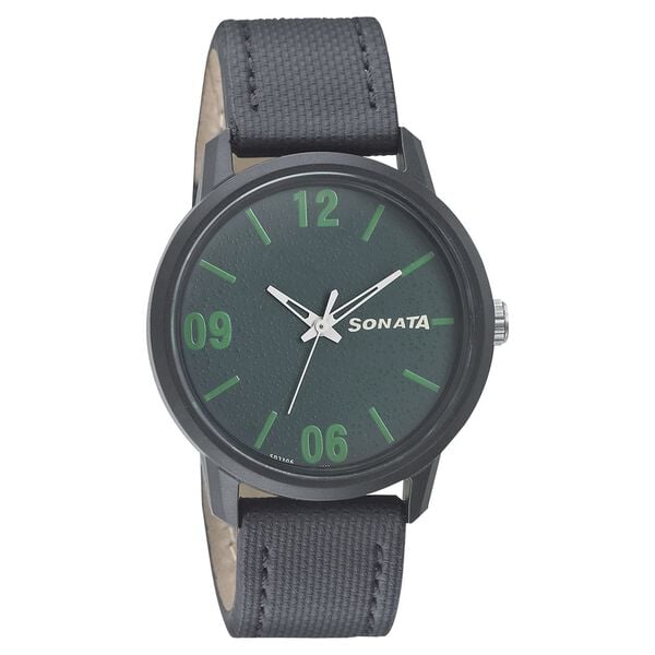 Sonata Men's Watch Analog Grey Dial With Grey Leather Strap, 77085PL04