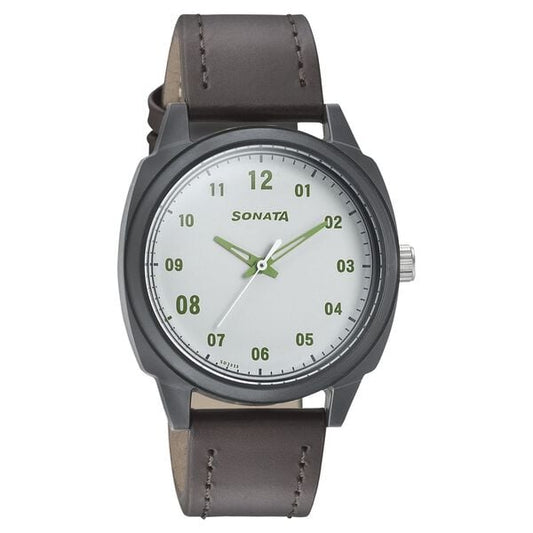 Sonata, Men, Analog, Watch, White Dial, Leather Strap, 77086PL05