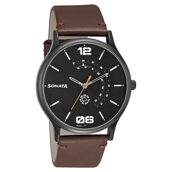Sonata Men's Watch Analog Black Dial With Brown Leather Strap, 77105NL01