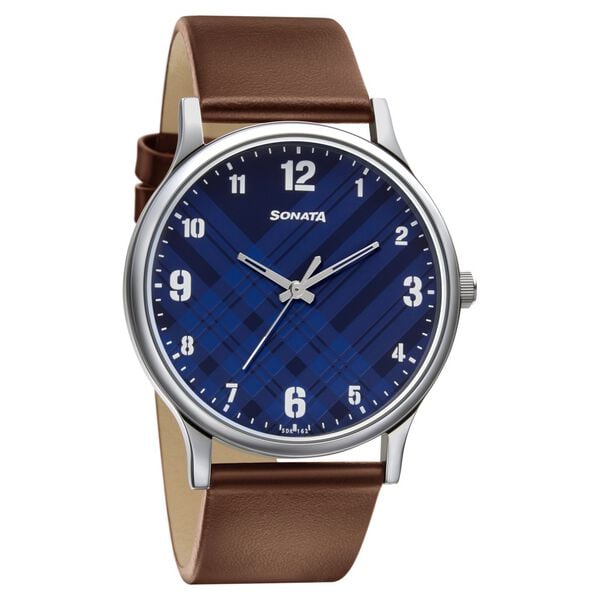 Sonata Men's Watch Analog Blue Dial With Brown Leather Strap, 77083SL03