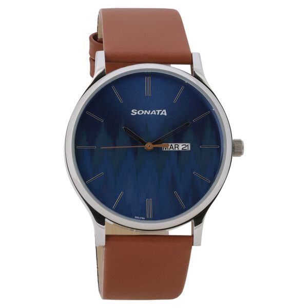 Sonata Men's Watch Analog Blue Dial With Brown Leather Strap, 77105SL05