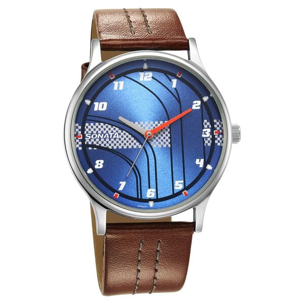 Sonata Men's Watch Analog Blue Dial With Brown Leather Strap, 77105SL08