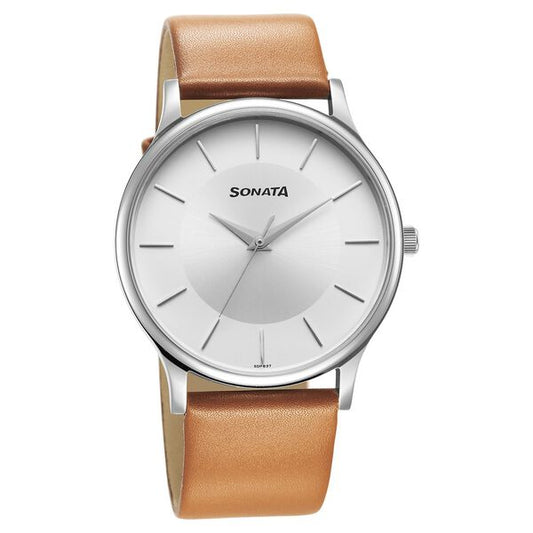 Sonata, Men, Analog, Watch, Silver Dial, Leather Strap, 77105SL16
