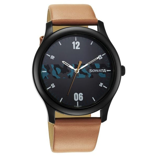 Sonata, Men, Analog, Watch, Black Dial, Leather Strap, 77106NL04