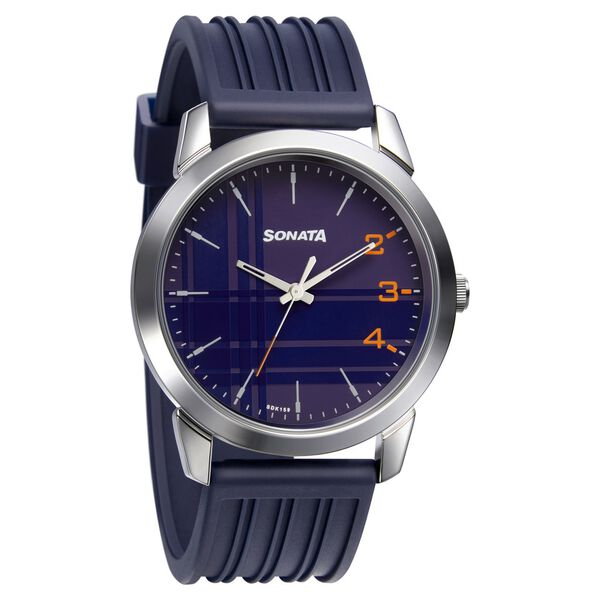 Sonata Men's Watch Analog Blue Dial With Blue Plastic Strap, 771073SP05