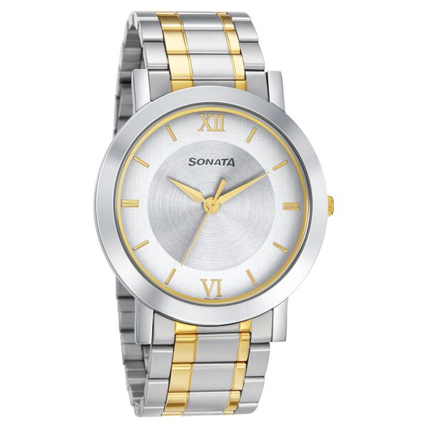 Sonata Men's Watch Analog Silver Dial With Two Tone Stainless Steel Band, 77108BM02