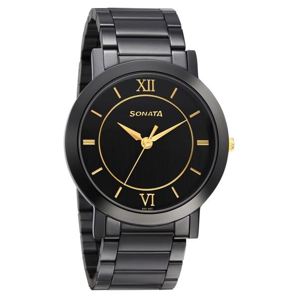 Sonata Men's Watch Analog Black Dial With Black Stainless Steel Band, 77108KM01