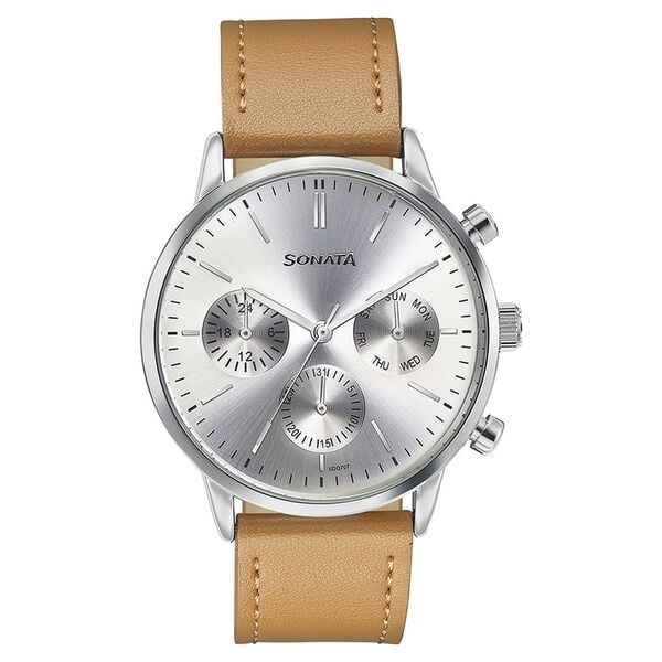Sonata Men's Watch Analog Silver Dial With Brown Leather Strap, 77139SL01
