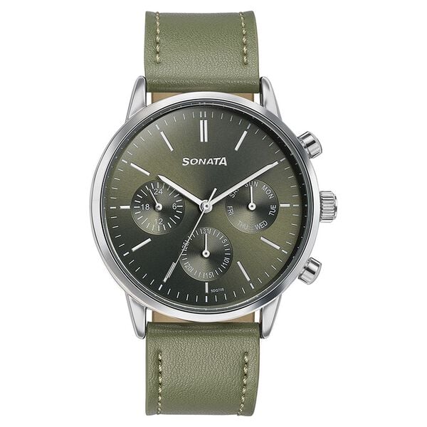 Sonata Men's Watch Analog Green Dial With Green Leather Strap, 77139SL02