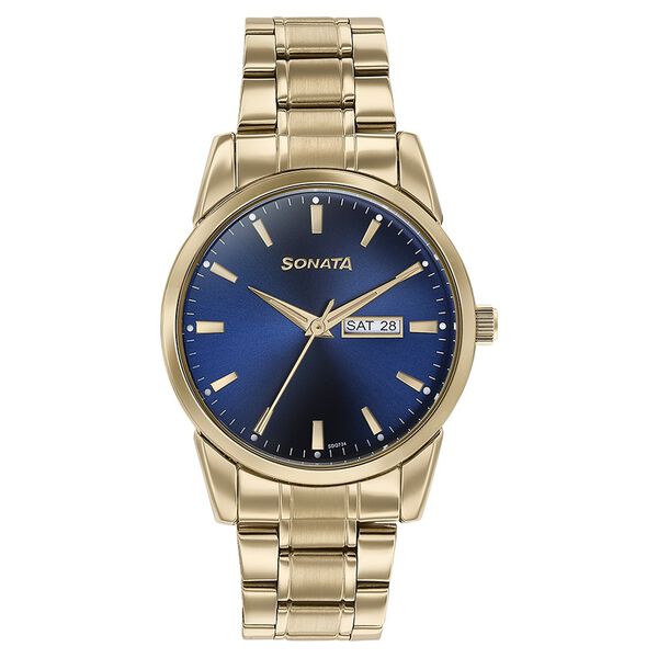 Sonata Men's Watch Analog Blue Dial With Golden Stainless Steel Band, 77147YM01