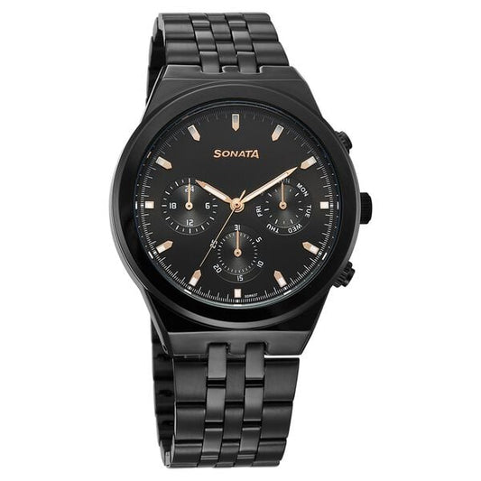 Sonata, Men, Analog, Watch, Black Dial, Metal Strap, 77173NM01
