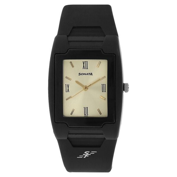 Sonata Men's Watch Analog Champagne Dial With Black Plastic Strap, 7920PP12