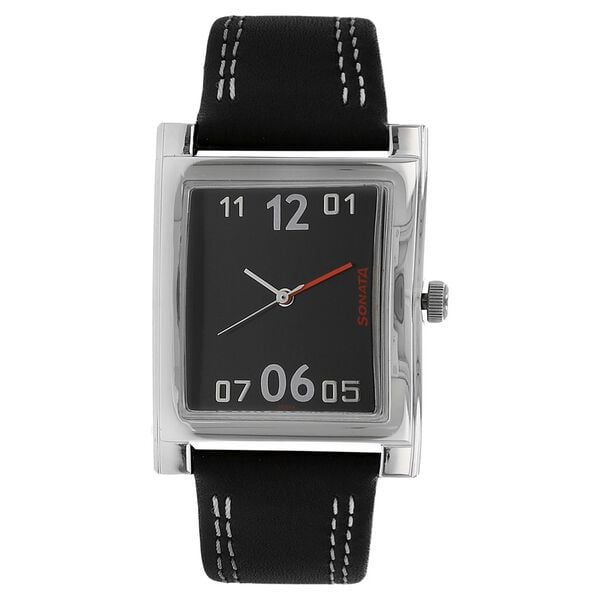 Sonata Men's Watch Analog Black Dial With Black Leather Strap, 7925SL05