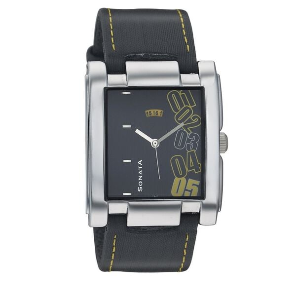 Sonata Men's Watch Analog Black Dial With Black Leather Strap, 7946SL03