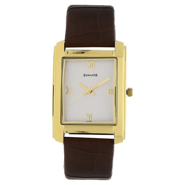 Sonata Men's Watch Analog White Dial With Brown Leather Strap, 7953YL01