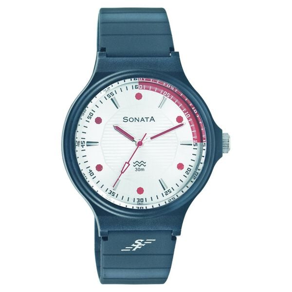 Sonata Men's Watch Analog Silver Dial With Blue Plastic Strap, 7964PP03