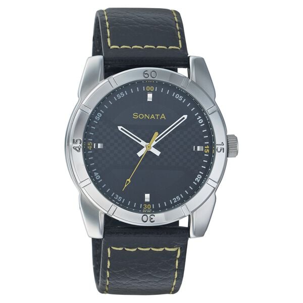 Sonata Men's Watch Analog Black Dial With Black Leather Strap, 7968SL02