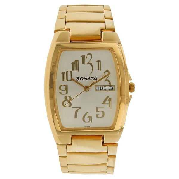 Sonata Men's Watch Analog White Dial With Gold Stainless Steel Band, 7998YM02