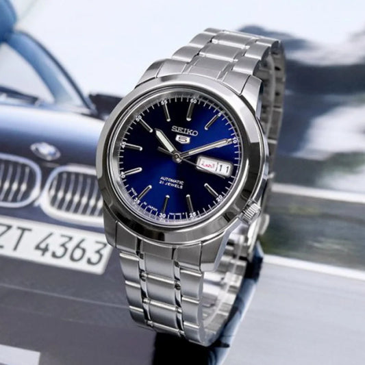 Seiko Men's Mechanical Watch Analog, Blue Dial Silver Stainless Band, SNKE51J