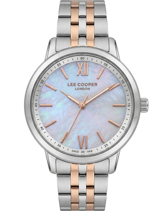 Lee Cooper Women's Analog Watch with White Mother Of Pearl Dial and Silver/Rose Gold Stainless Steel Band, LC08371.520